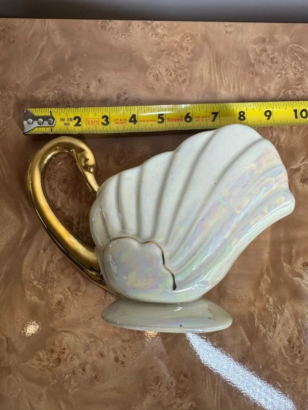 Vintage Lustreware Cornucopia Gravy Boat Swan Handle 22K Gold Trim Iridescent